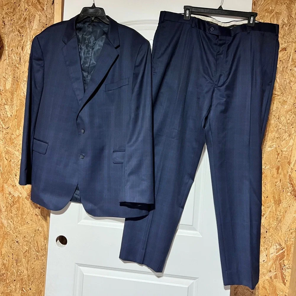 Jos. A. Bank Reserve Navy Blue Glen Plaid 100% Wool Suit 48R W42 3405/2DB
